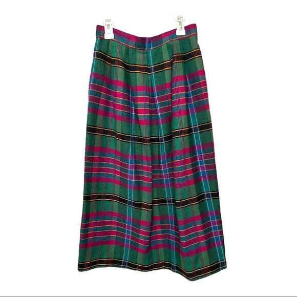 Vintage 80s Claude Wool Blend High-Waisted Midi Green Plaid Skirt - Picture 1 of 3